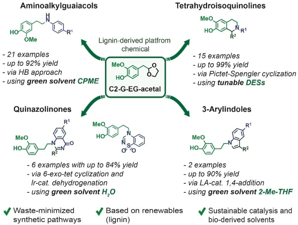 Lignin-derived platform chemical converted into bioactive scaffolds: tetrahydroisoquinolines, quinazolinones, 3-arylindoles and aminoalkylguaiacols