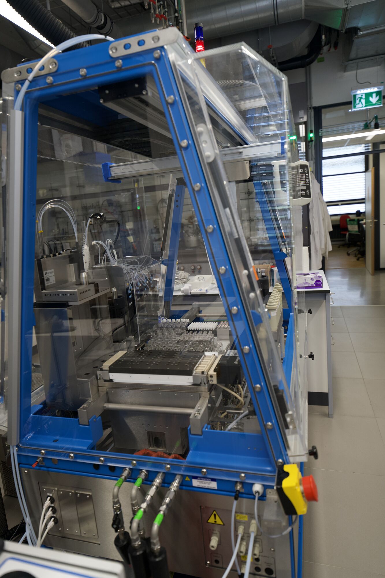 Lab workstation with blue-framed enclosure