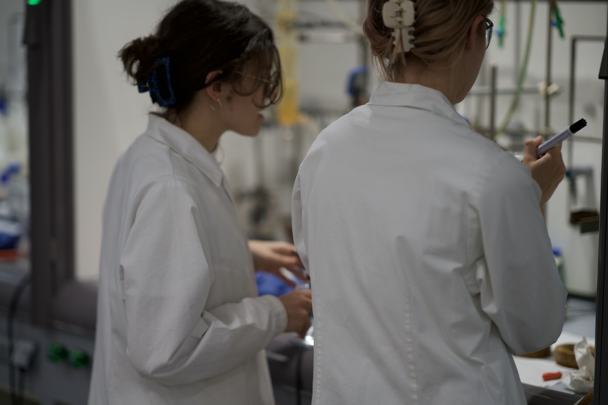 Two technicians in discussion at the fume hood